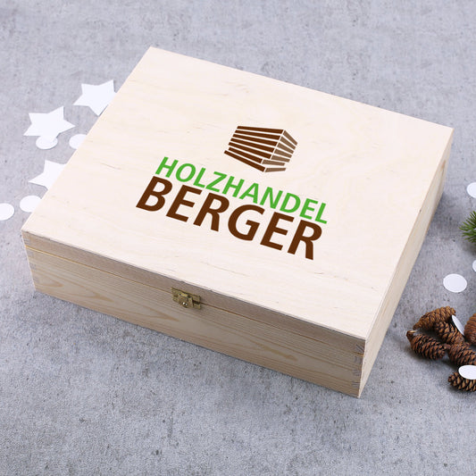 Bedruckte XL Holzbox mit Firmenlogo