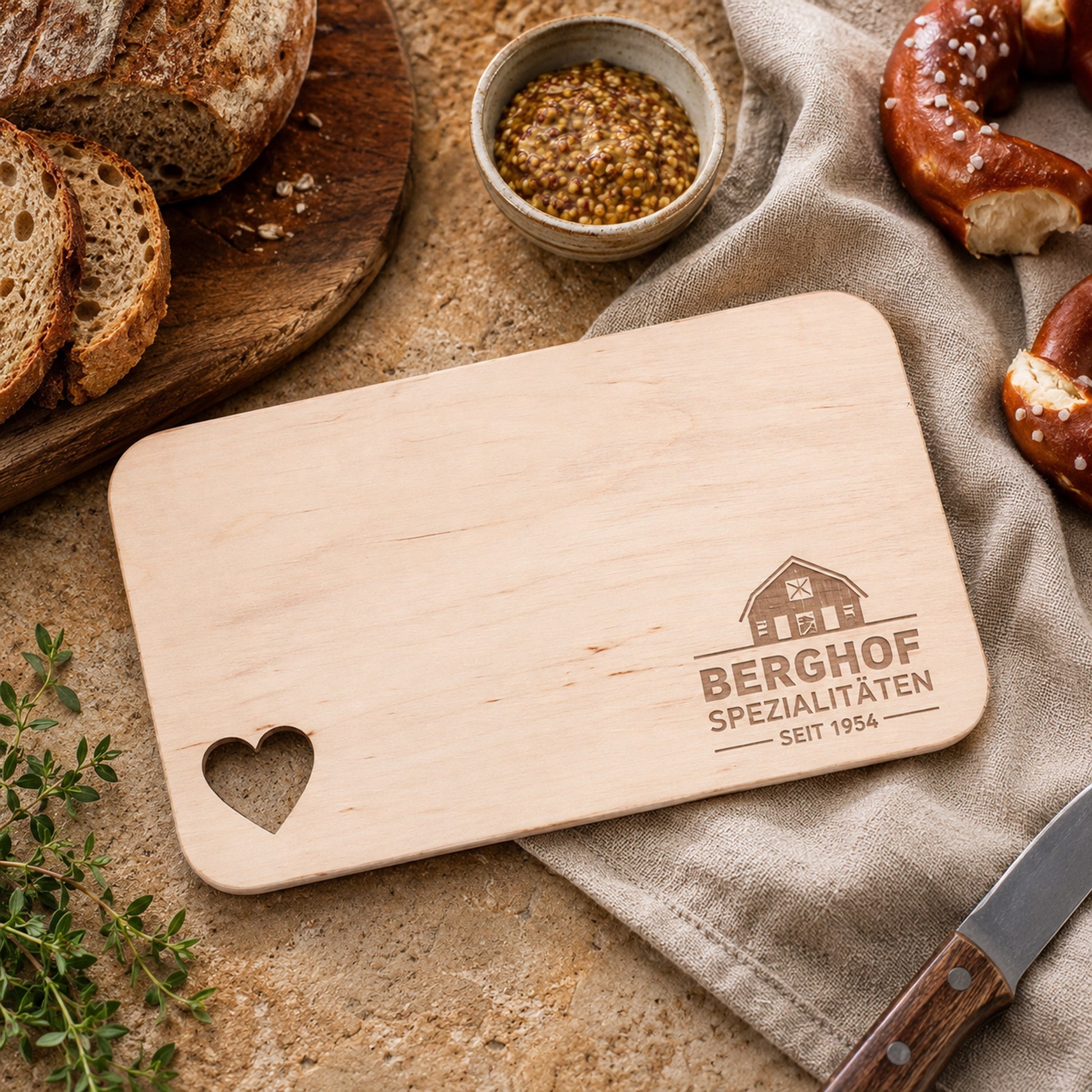 Holzbrettchen mit Herz und Logo