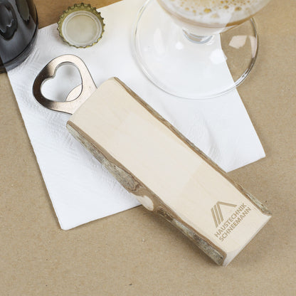 Flaschenöffner mit Rinde und Logo graviert