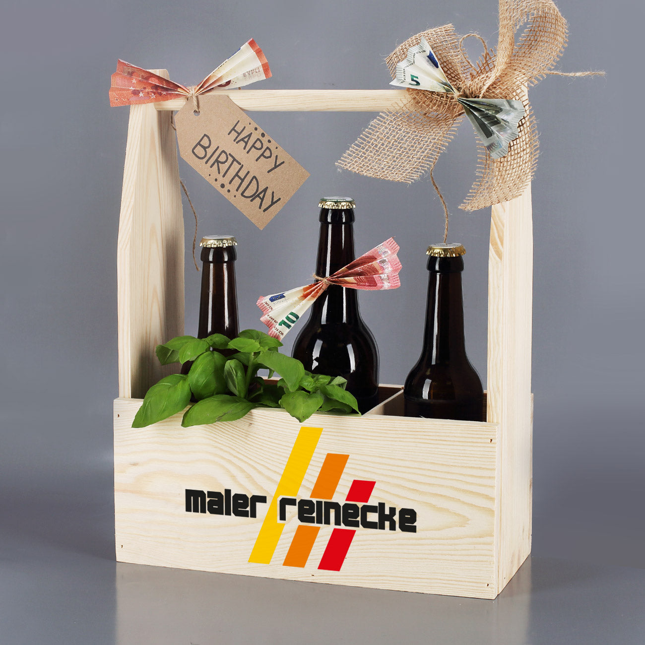 Holzkiste für Flaschen mit Logo bedruckt