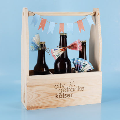 Flaschenträger aus Holz mit Logo graviert