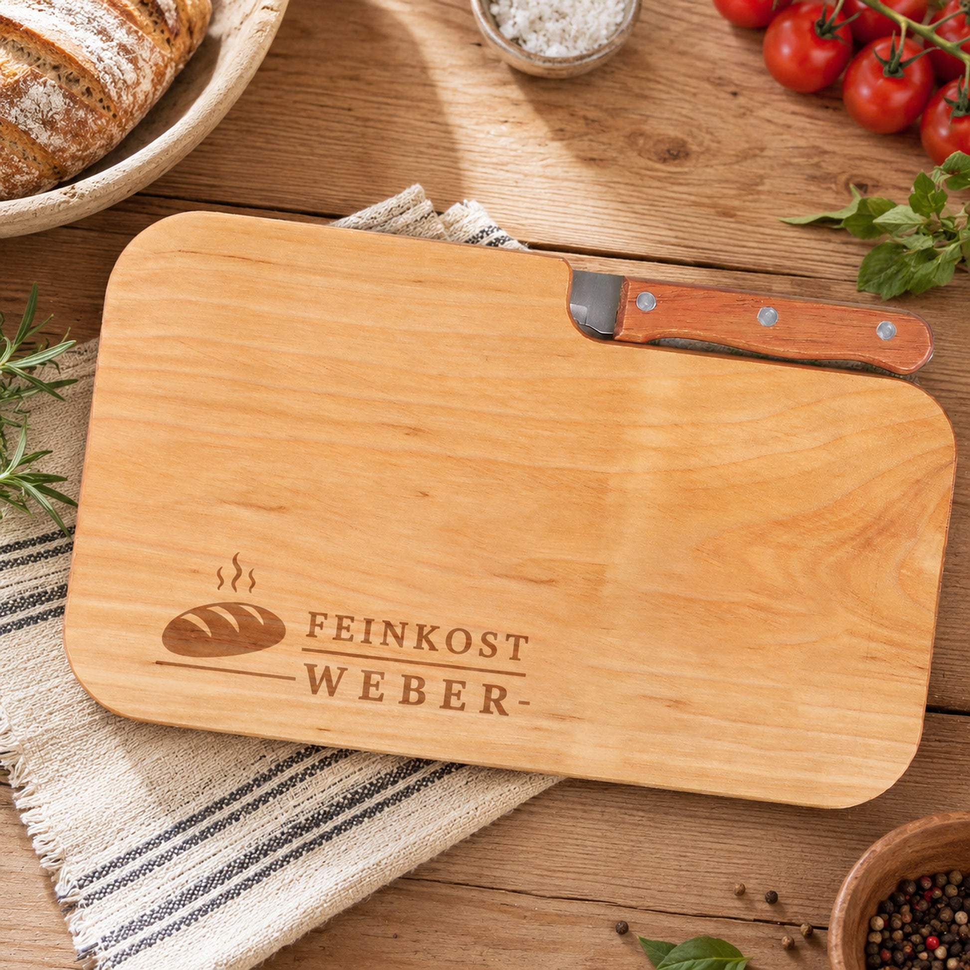 Holzbrett mit Messer und Gravur