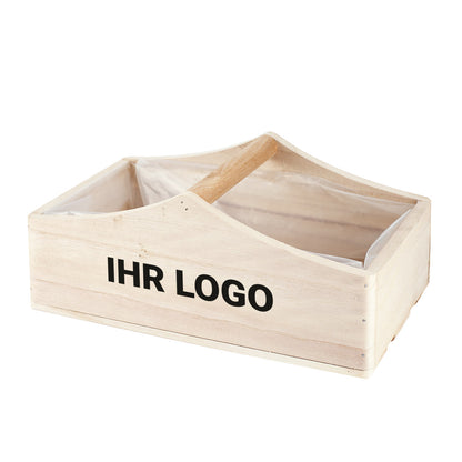 Holzkiste mit einem Griff und mit Logo bedruckt