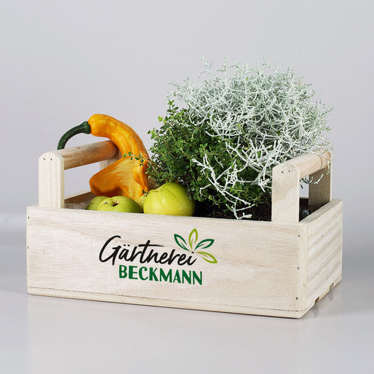 Pflanzkorb aus Holz mit 2 Griffen und persönlichem Wunschdesign