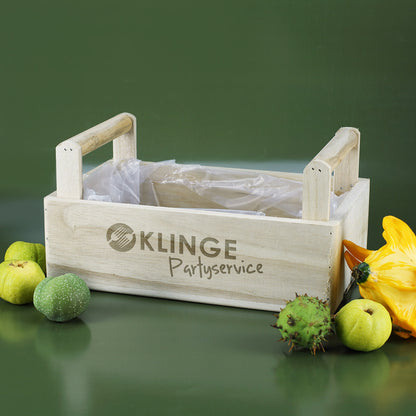 Pflanzkorb aus Holz mit 2 Griffen - graviert mit Logo