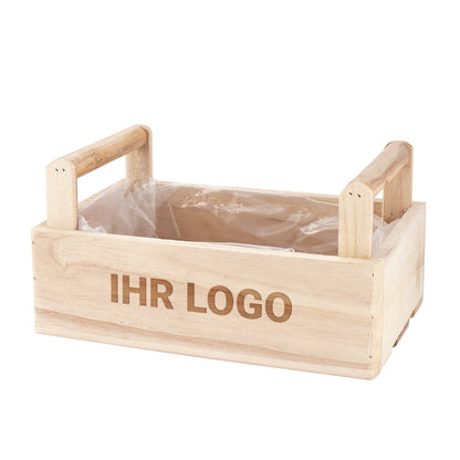 Gravierte Holzkiste mit 2 Griffen und persönlichem Wunschdesign