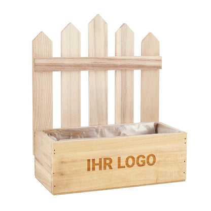 Pflanzkiste mit Zaun aus Holz und graviertem Logo