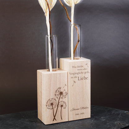 Reagenzglas in Holzvase Trauermotiv "Pusteblume" Beispiel