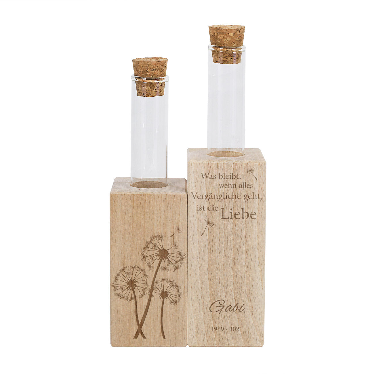 Reagenzglas in Holzvase Trauermotiv "Pusteblume"