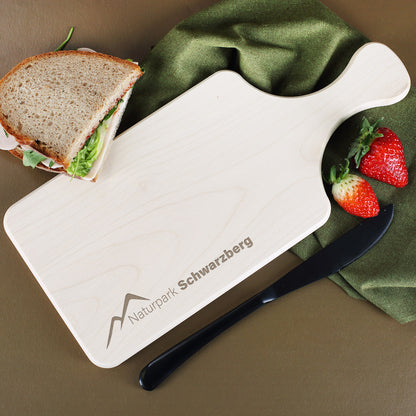 graviertes Holzbrettchen mit Griff und Logo