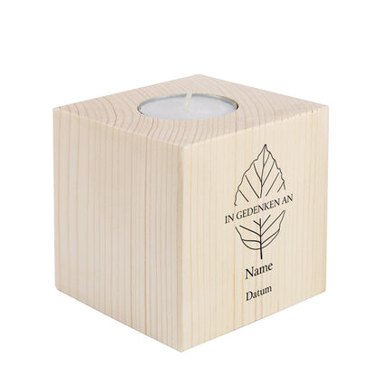 Holzwürfel Gedenk-Teelicht bedruckt mit Blatt-Motiv