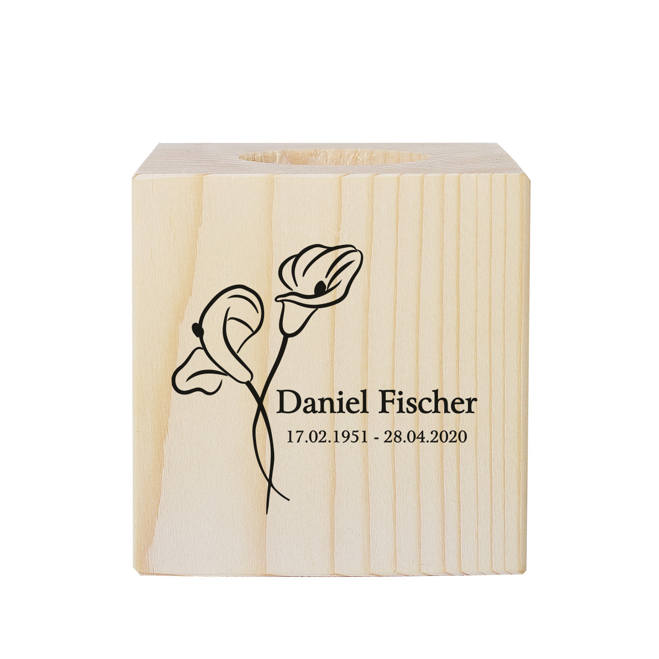 Bedrucktes Trauer Teelicht aus Holz mit Calla Blume