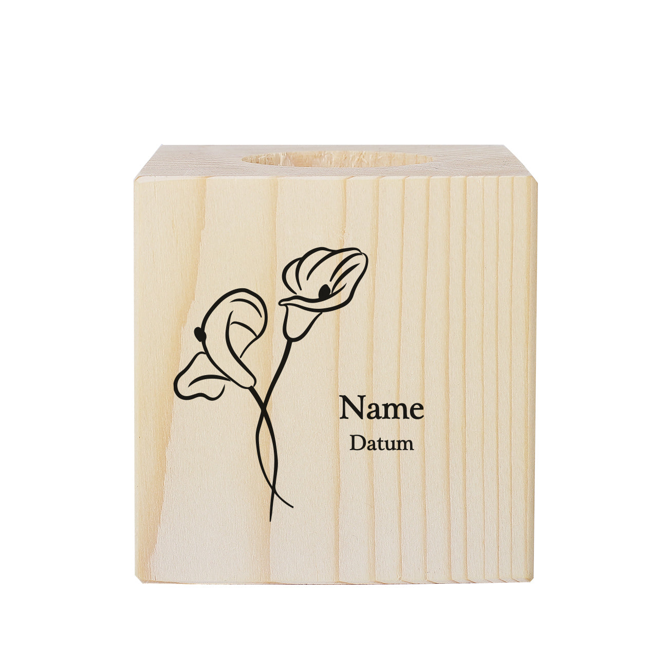 Bedrucktes Trauer Teelicht aus Holz mit Calla Blume