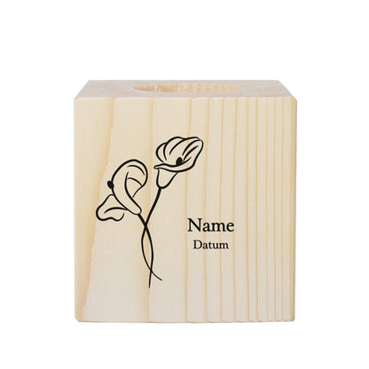 Bedrucktes Trauer Teelicht aus Holz mit Calla Blume