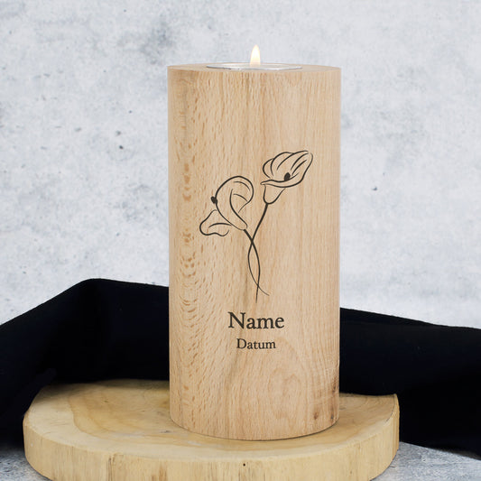 Teelichthalter aus Holz, rund, Motiv "Calla" Beispiel ohne Personalisierung