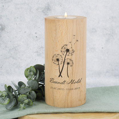 Teelichthalter aus Holz, rund, mit Trauermotiv "Pusteblume" Beispiel