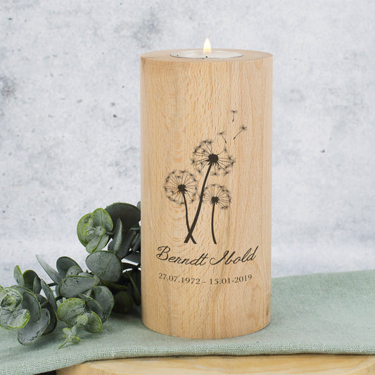Teelichthalter aus Holz, rund, mit Trauermotiv "Pusteblume" Beispiel