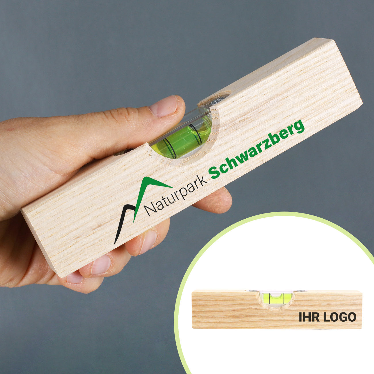 Mini Wasserwaage aus Holz mit eigenem Design / Logo