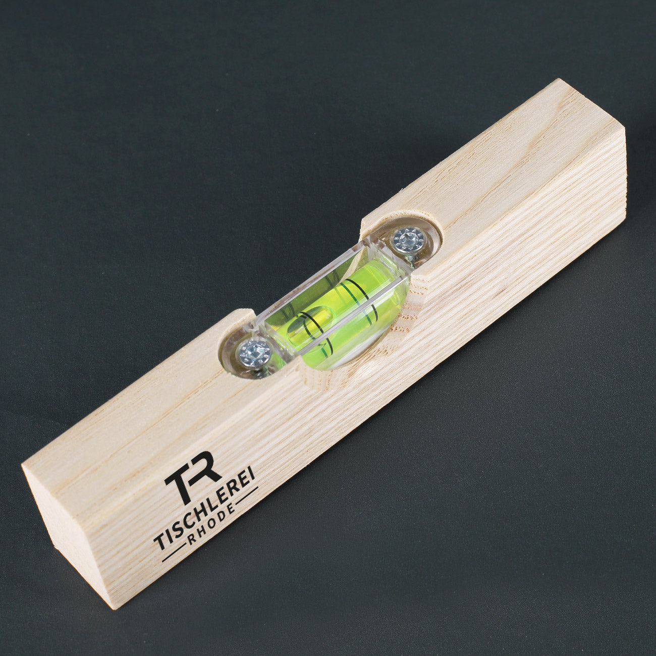 Mini Wasserwaage aus Holz mit Logo