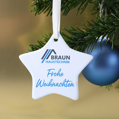 Christbaumschmuck Stern mit Firmenlogo und Wunschtext