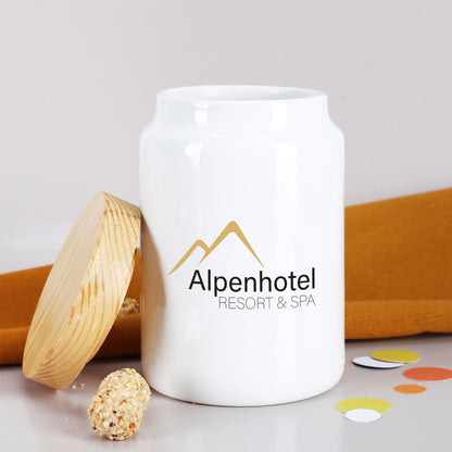 Keramikdose mit Holzdeckel und Firmenlogo bedruckt