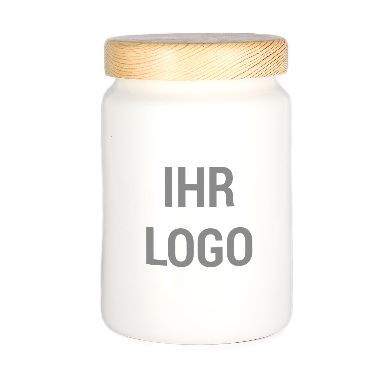 Keramikdose mit Holzdeckel und Firmenlogo bedruckt