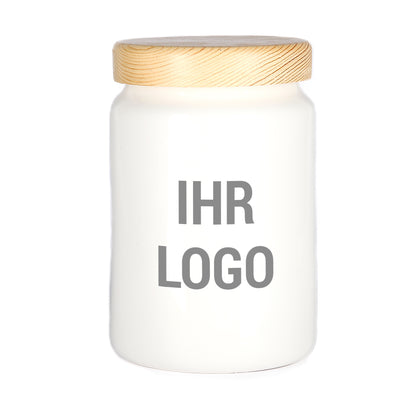 Keramikdose mit Holzdeckel und Firmenlogo bedruckt