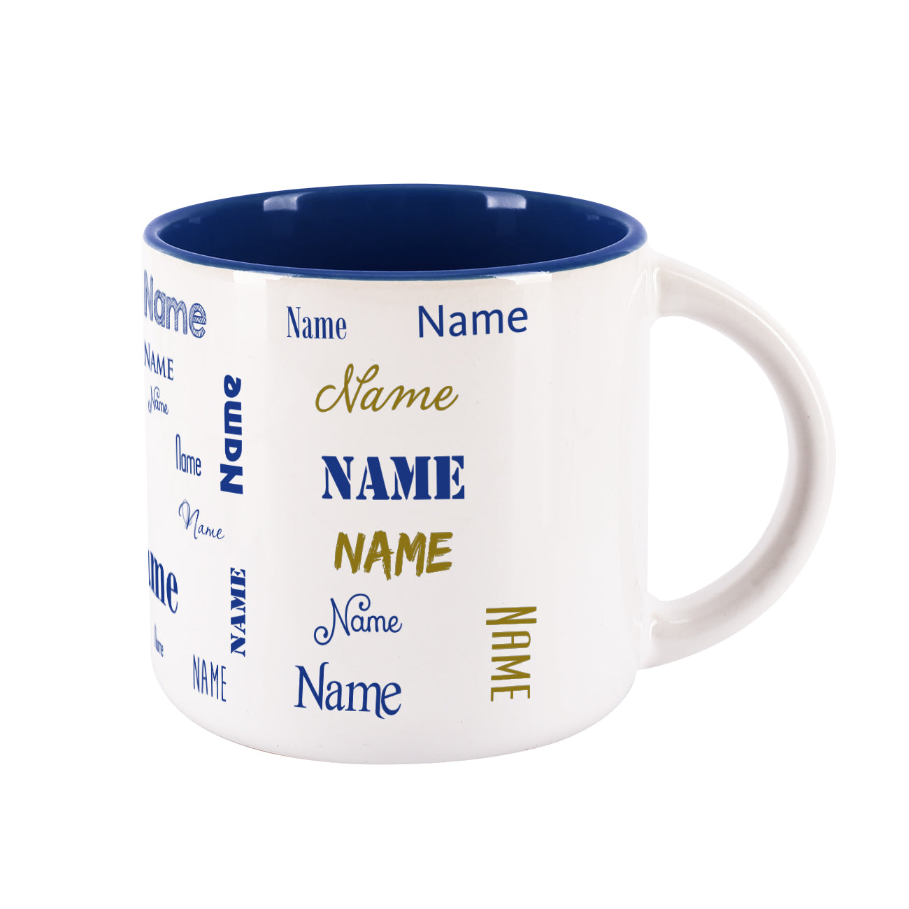 Großer Kaffeepott mit Name in verschiedenen Schriftarten bedruckt