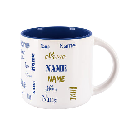 Großer Kaffeepott mit Name in verschiedenen Schriftarten bedruckt