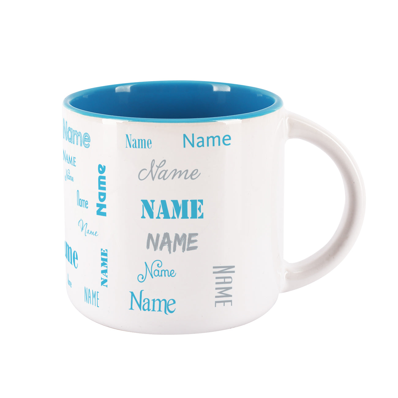 Großer Kaffeepott mit Name in verschiedenen Schriftarten bedruckt