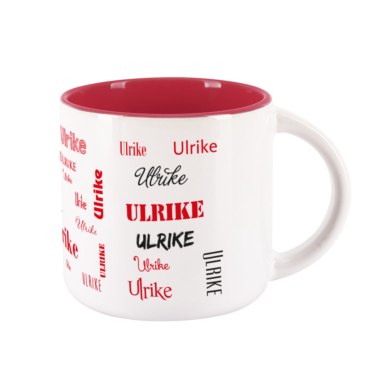 Großer Kaffeepott mit Name in verschiedenen Schriftarten bedruckt