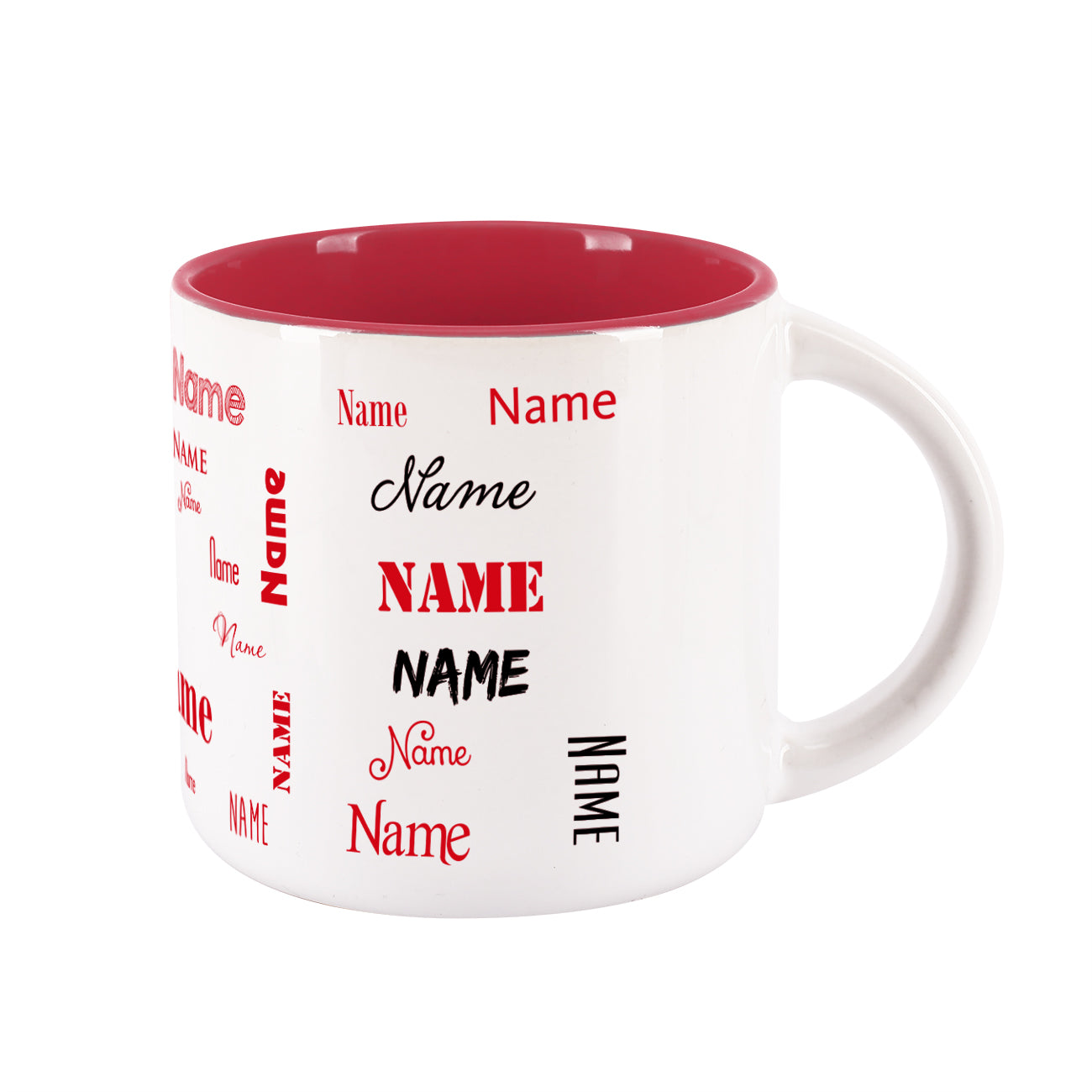 Großer Kaffeepott mit Name in verschiedenen Schriftarten bedruckt