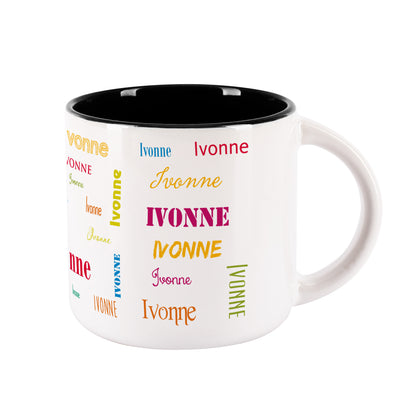 Großer Kaffeepott mit Name in verschiedenen Schriftarten bedruckt