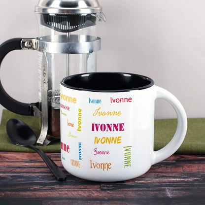 Großer Kaffeepott mit Name in verschiedenen Schriftarten bedruckt