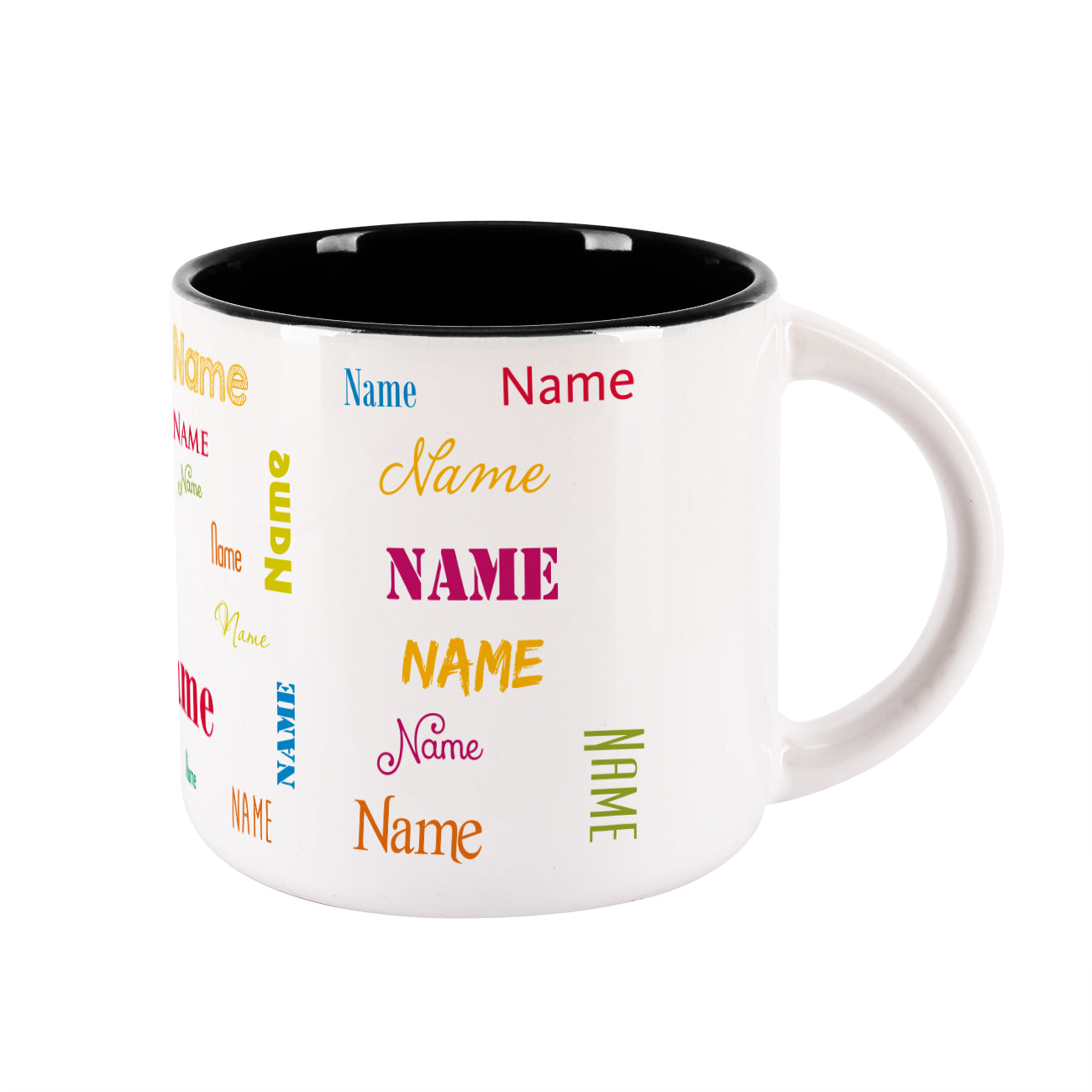 Großer Kaffeepott mit Name in verschiedenen Schriftarten bedruckt