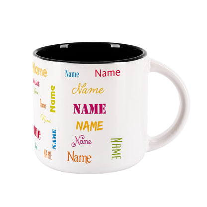 Großer Kaffeepott mit Name in verschiedenen Schriftarten bedruckt