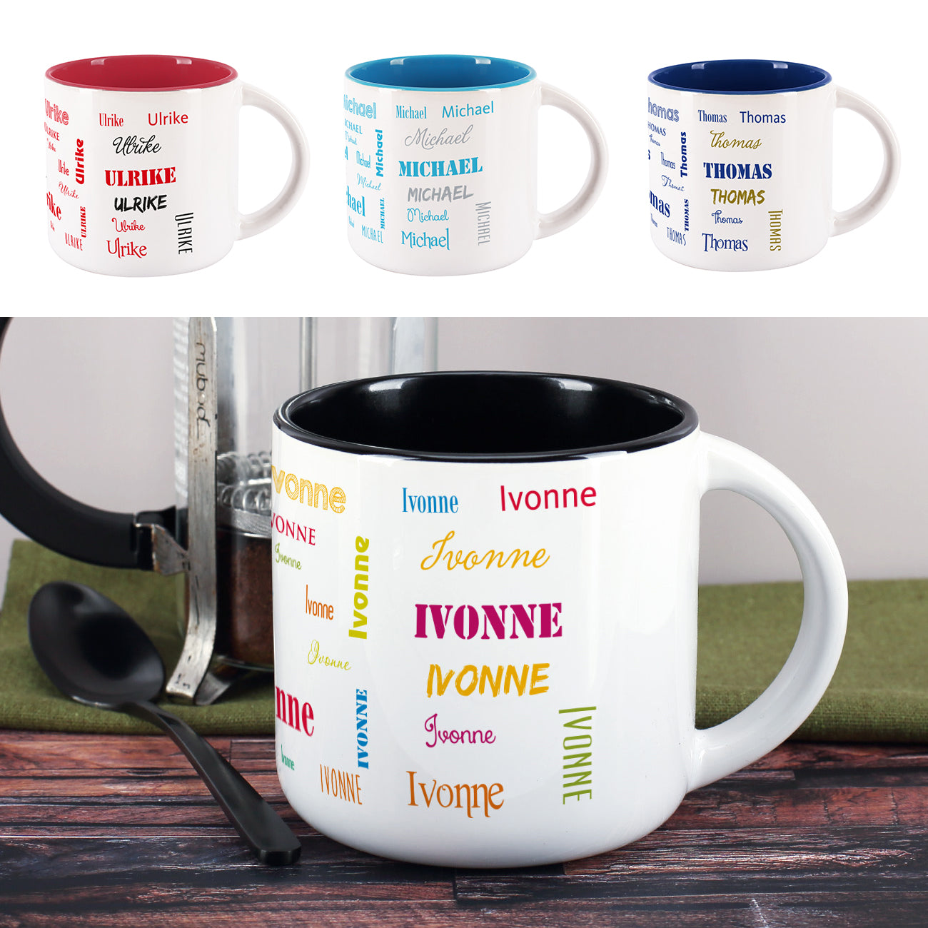 Großer Kaffeepott mit Name in verschiedenen Schriftarten bedruckt