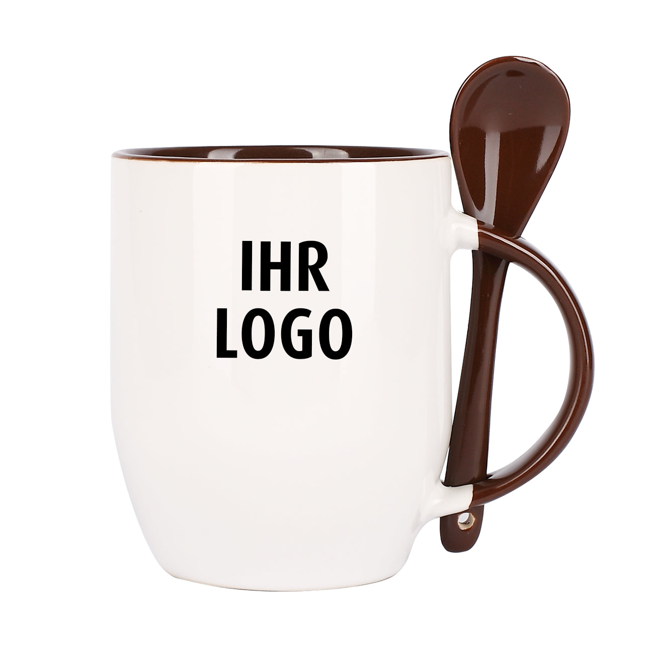 Löffeltasse mit braunem Rand und Henkel, inkl. Druck des Firmenlogos