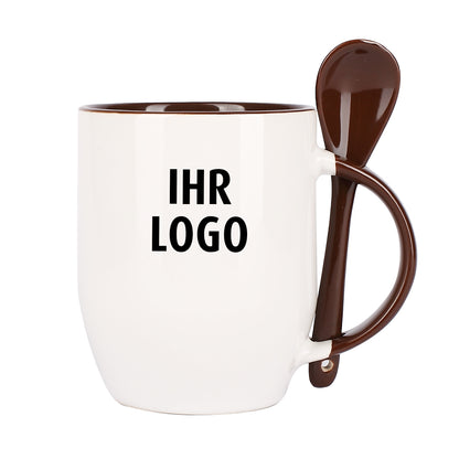 Löffeltasse mit braunem Rand und Henkel, inkl. Druck des Firmenlogos