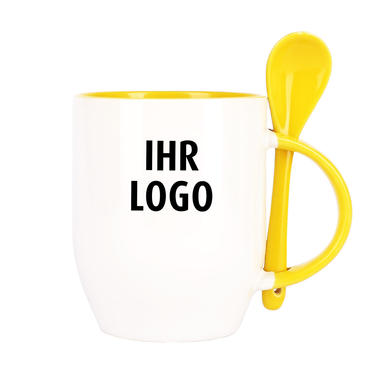 Löffeltasse mit gelbem Rand und Henkel, inkl. Druck des Logos