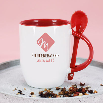 Löffeltasse mit rotem Rand und Henkel, inkl. Druck des Firmenlogos