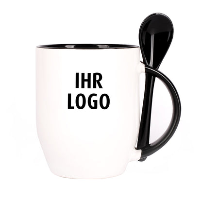 Löffeltasse mit schwarzem Rand und Henkel, inkl. Druck des Firmenlogos