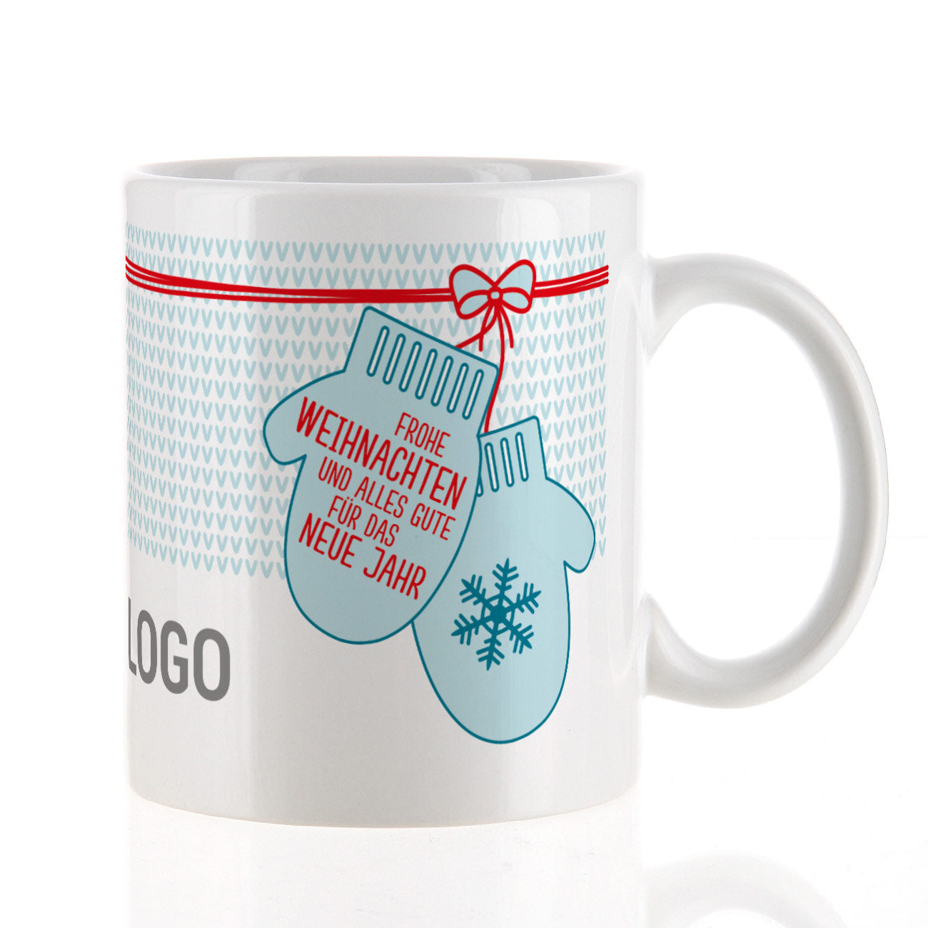 Weihnachtliche Tasse mit Handschuhen, Firmenlogo