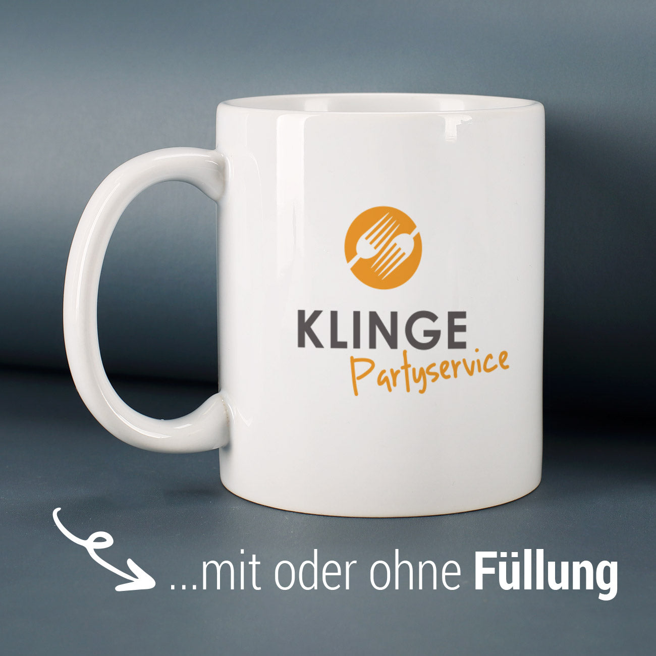 Weiße Keramiktasse mit Firmenlogo bedruckt