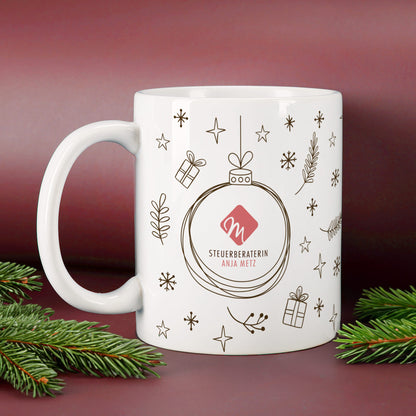 Keramiktasse mit Firmenlogo im Weihnachtskugel-Motiv | Geschenk für Geschäftskunden