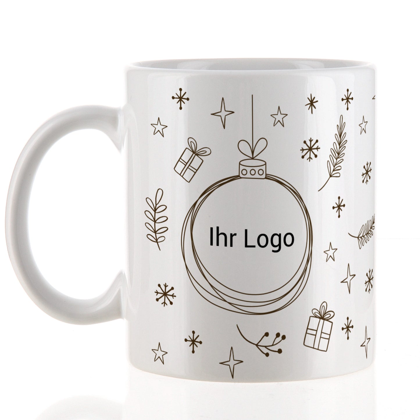 Keramiktasse mit Firmenlogo im Weihnachtskugel-Motiv | Geschenk für Geschäftskunden