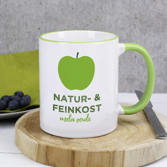 Tasse mit hellgrünem Rand und Logo bedruckt