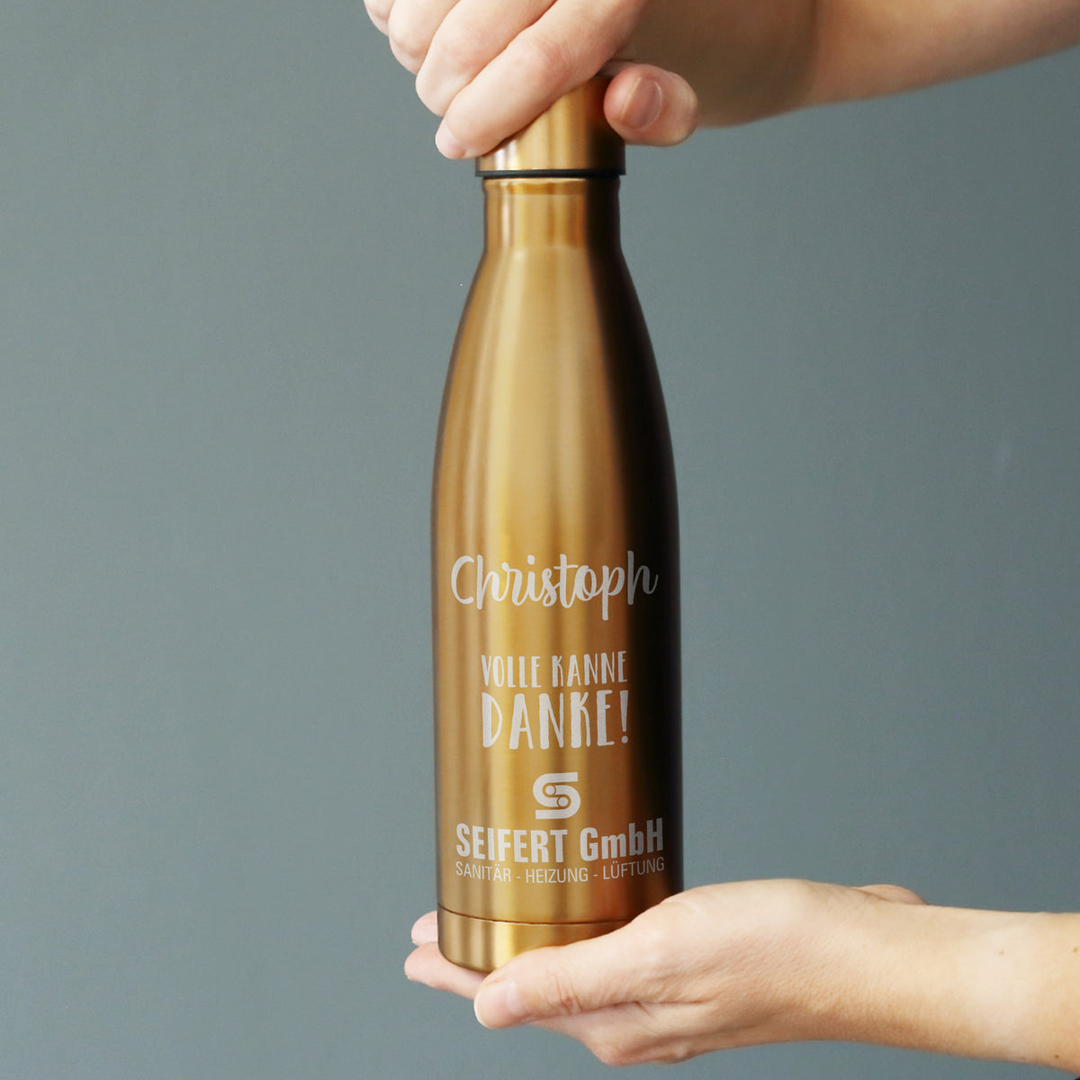 Personalisierte Thermosflasche "Volle Kanne Danke" mit Name und Firmenlogo | Danke Geschenk für Mitarbeiter