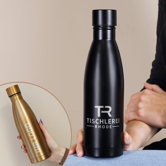 Thermosflasche in schwarz matt mit Logo graviert