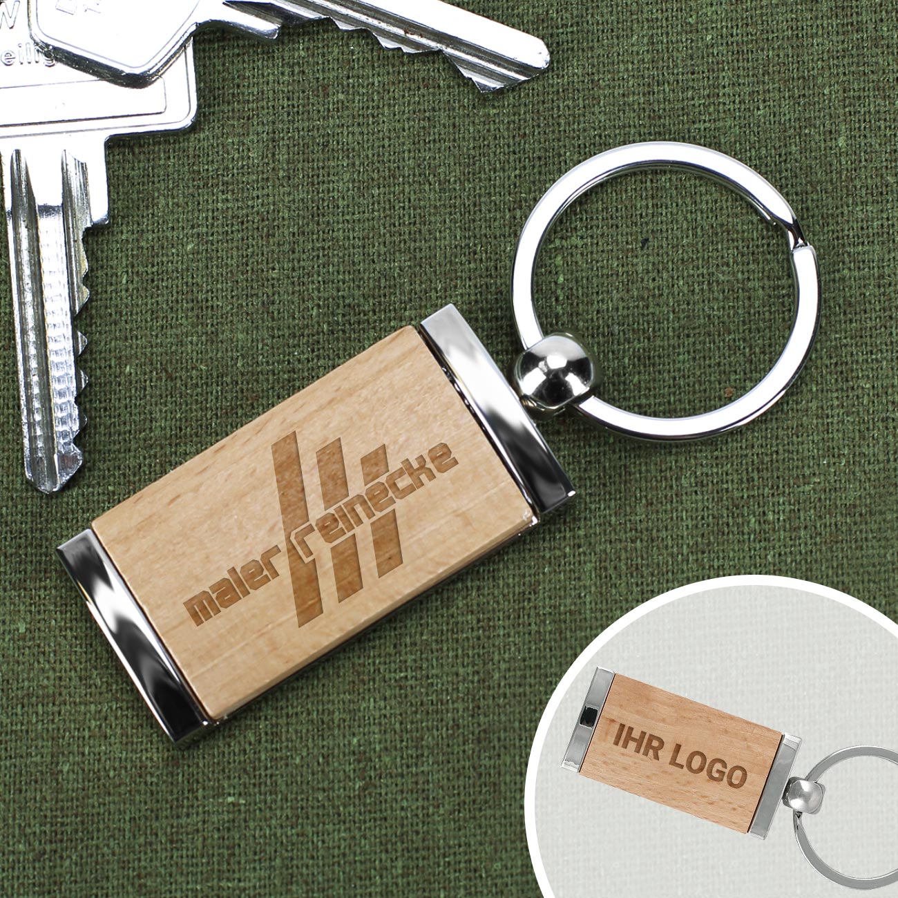 Metall Schlüsselanhänger mit graviertem Holzeinsatz und eigenem Firmen- und Unternehmenslogo